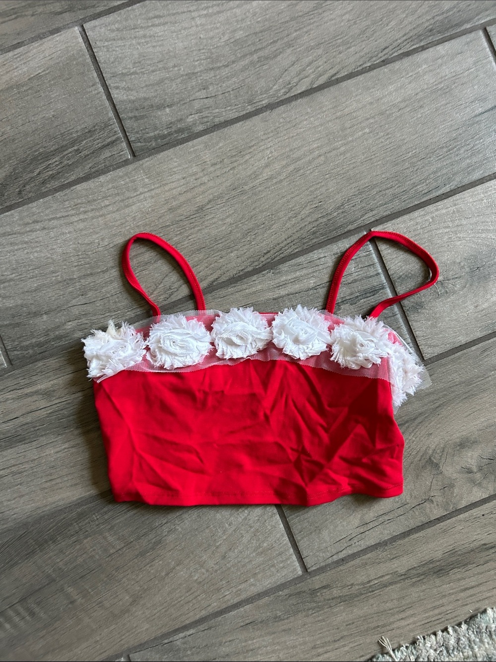 Red Floral-Trim Crop Tank with Spaghetti Straps